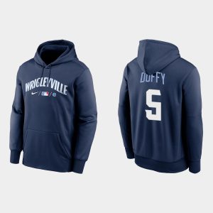 Premium Chicago Cubs #5 Matt Duffy Men's 2021 City Connect Navy Therma Hoodie