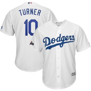 Premium Los Angeles Dodgers #10 Justin Turner Majestic 2019 Postseason Home Official Cool Base Player Jersey White