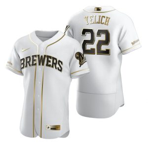 Premium Milwaukee Brewers #22 Christian Yelich White Nike Men's Authentic Golden Edition MLB Jersey