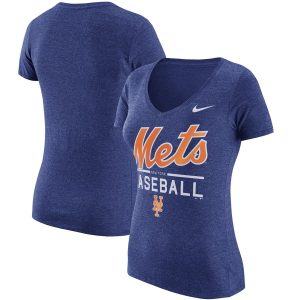 Premium New York Mets Nike Women's Practice 1.7 Tri Blend V Neck T Shirt Heathered Royal