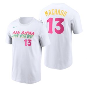 Premium San Diego Padres #13 Manny Machado 2022 City Connect Men's MLB T Shirt   White Hurry Exclusive offer Place your order immediately for a great jersey
