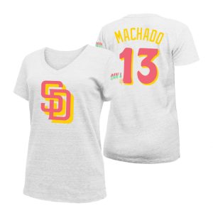 Premium San Diego Padres #13 Manny Machado 2022 City Connect Women's MLB T Shirt   White Limited stock Order now to show your love for your team