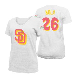 Premium San Diego Padres #26 Austin Nola 2022 City Connect Women's MLB T Shirt   White For a short time available Grab yours quickly to own a team jersey