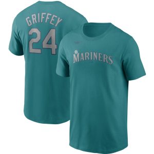Premium Seattle Mariners #24 Ken Griffey Jr. Nike Cooperstown Collection Name & Number T Shirt Aqua Act fast Only a few left Secure yours today