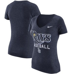 Premium Tampa Bay Rays Nike Women's Practice 1.7 Tri Blend V Neck T Shirt Heathered Navy