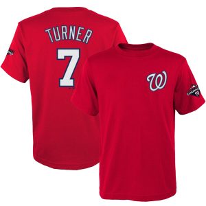Premium Washington Nationals #7 Trea Turner Majestic Youth 2019 World Series Champions Name & Number T Shirt Red