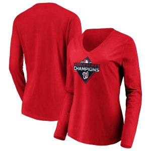 Premium Washington Nationals Majestic Women's 2019 World Series Champions Logo Long Sleeve V Neck T Shirt Red