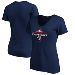 Premium Washington Nationals Majestic Women's 2019 World Series Champions Logo V Neck T Shirt Navy