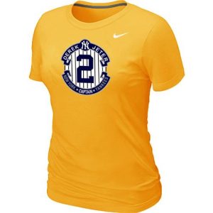Premium Women's Nike New York Yankees #2 Derek Jeter Official Final Season Commemorative Logo Blended T Shirt Yellow
