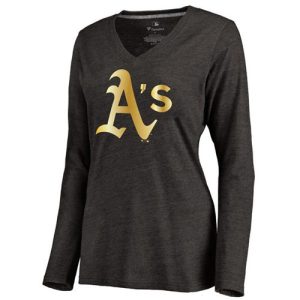 Premium Women's Oakland Athletics Gold Collection Long Sleeve V Neck Tri Blend T Shirt Black