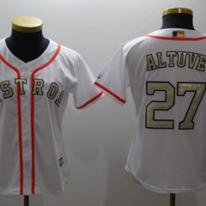 Stunning Astros #27 Jose Altuve White 2017 World Series Champions Gold Program Cool Base Women's Stitched MLB Jersey Collectors this is a must have Add it to your collection by ordering