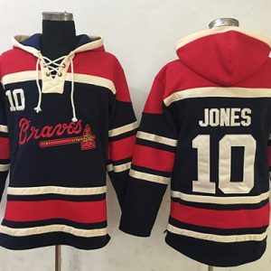 Stunning Braves #10 Chipper Jones Navy Blue Sawyer Hooded Sweatshirt MLB Hoodie