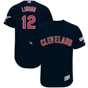 Stunning Cleveland Guardians #12 Francisco Lindor Majestic Alternate 2019 All Star Game Patch Flex Base Player Jersey Navy
