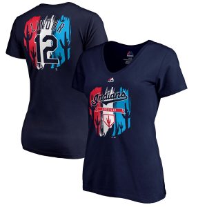 Stunning Cleveland Guardians #12 Francisco Lindor Majestic Women's 2019 Spring Training Name & Number V Neck T Shirt Navy Collectors this is a must have Add it to your collection by ordering