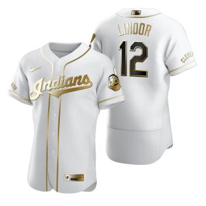Stunning Cleveland Guardians #12 Francisco Lindor White Nike Men's Authentic Golden Edition MLB Jersey