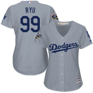 Stunning Dodgers #99 Hyun Jin Ryu Grey Alternate Road 2018 World Series Women's Stitched MLB Jersey Sports enthusiasts seize this opportunity Order now to feel the game excitement