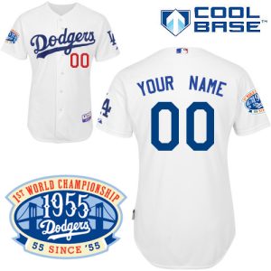 Stunning Dodgers Personalized Authentic White w/1955 World Series Anniversary Patch MLB Jersey (S 3XL)