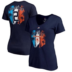 Stunning Houston Astros #2 Alex Bregman Majestic Women's 2019 Spring Training Name & Number V Neck T Shirt Navy