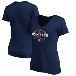 Stunning Houston Astros #35 Justin Verlander Majestic Women's No Hitter Plus Size V Neck T Shirt Navy