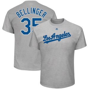 Stunning Los Angeles Dodgers #35 Cody Bellinger Majestic Name & Number T Shirt Gray