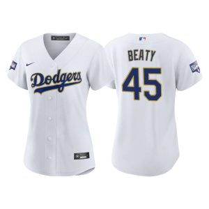 Stunning Los Angeles Dodgers #45 Matt Beaty Women's Nike 2021 Gold Program World Series Champions MLB Jersey Whtie Collectors this is a must have Add it to your collection by ordering