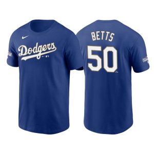Stunning Los Angeles Dodgers #50 Mookie Betts 2021 Gold Program Name & Number T Shirt Royal Act fast Only a few left Secure yours today