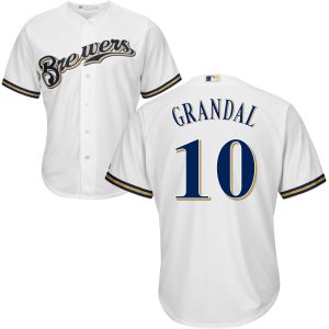 Stunning Milwaukee Brewers #10 Yasmani Grandal White Cool Base Stitched MLB Jersey