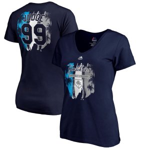Stunning New York Yankees #99 Aaron Judge Majestic Women's 2019 Spring Training Name & Number V Neck T Shirt Navy