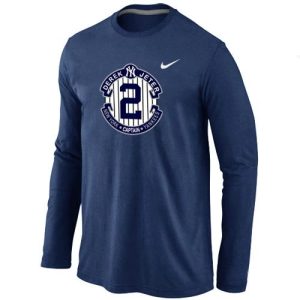 Stunning Nike New York Yankees #2 Derek Jeter Official Final Season Commemorative Logo Long Sleeves T Shirt Dark Blue