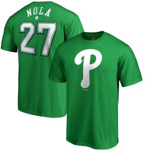 Amazing Philadelphia Phillies #27 Aaron Nola Majestic St. Patrick's Day Stack Player Name & Number T Shirt Kelly Green