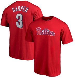 Stunning Philadelphia Phillies #3 Bryce Harper Majestic Youth Player Name & Number T Shirt Red