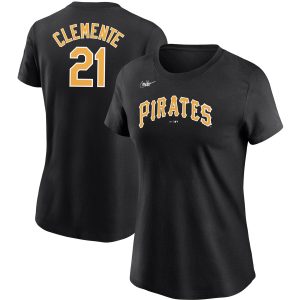 Stunning Pittsburgh Pirates #21 Roberto Clemente Nike Women's Cooperstown Collection Name & Number T Shirt Black Limited stock Order now to show your love for your team