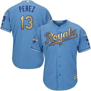 Stunning Royals #13 Salvador Perez Light Blue 2015 World Series Champions Gold Program Cool Base Stitched Youth MLB Jersey For a short time available Grab yours quickly to own a team jersey