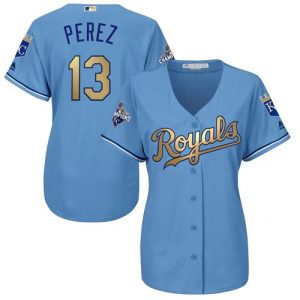 Stunning Royals #13 Salvador Perez Light Blue Women's 2015 World Series Champions Gold Program Cool Base Stitched MLB Jersey Be among the first buyers Order now to enjoy top notch quality