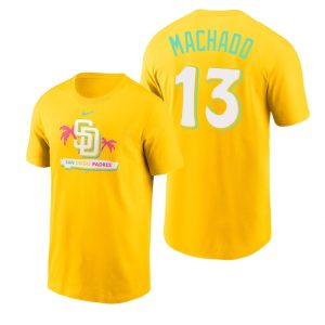 Stunning San Diego Padres #13 Manny Machado 2022 City Connect Men's MLB T Shirt   Yellow Sports fans this is your chance Order soon to be part of the action