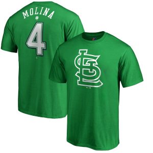 Stunning St. Louis Cardinals #4 Yadier Molina Majestic St. Patrick's Day Stack Player Name & Number T Shirt Kelly Green