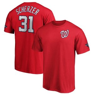 Stunning Washington Nationals #31 Max Scherzer Majestic 2019 World Series Champions Name & Number T Shirt Red
