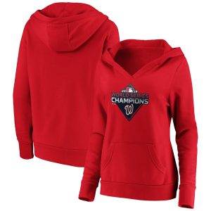 Stunning Washington Nationals Majestic Women's 2019 World Series Champions Logo V Neck Pullover Hoodie Red