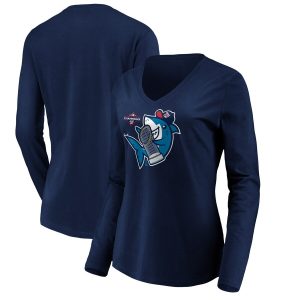 Stunning Washington Nationals Majestic Women's 2019 World Series Champions Trophy Shark Long Sleeve V Neck T Shirt Navy