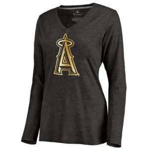 Stunning Women's Los Angeles Angels of Anaheim Gold Collection Long Sleeve V Neck Tri Blend T Shirt Black