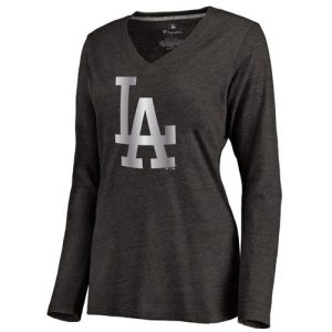 Stunning Women's Los Angeles Dodgers Platinum Collection Long Sleeve V Neck Tri Blend T Shirt Black
