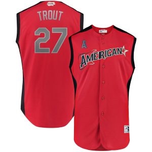 Superb American League #27 Mike Trout Majestic 2019 MLB All Star Game Workout Player Jersey Red