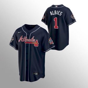 Superb Atlanta Braves #1 Ozzie Albies Nike 150th Anniversary 2021 World Series Youth MLB Jersey   Navy For a short time available Grab yours quickly to own a team jersey