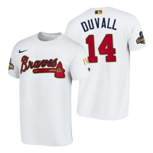 Superb Atlanta Braves #14 Adam Duvall White Nike 2022 Gold Program T Shirt Retailers boost your inventory Order now to meet customer demand