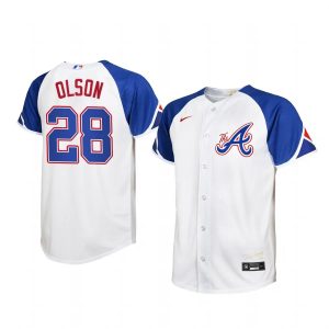 Superb Atlanta Braves #28 Matt Olson 2023 City Connect Youth Nike Atlanta Jersey   White For a short time available Grab yours quickly to own a team jersey