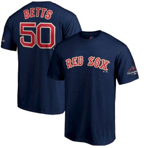 Superb Boston Red Sox #50 Mookie Betts Majestic 2019 Gold Program Name & Number T Shirt Navy
