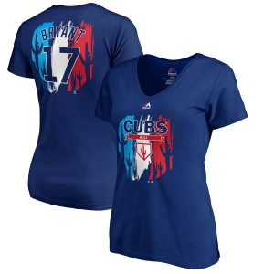 Superb Chicago Cubs #17 Kris Bryant Majestic Women's 2019 Spring Training Name & Number V Neck T Shirt Royal