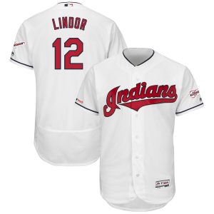 Superb Cleveland Guardians #12 Francisco Lindor Majestic Home 2019 All Star Game Patch Flex Base Player Jersey White