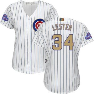 Superb Cubs #34 Jon Lester White(Blue Strip) 2017 Gold Program Cool Base Women's Stitched MLB Jersey Limited stock Order now to show your love for your team
