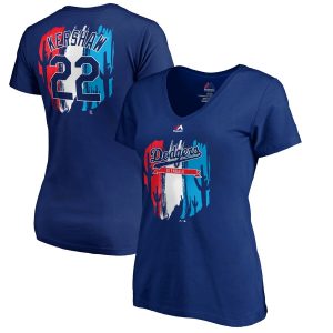 Superb Los Angeles Dodgers #22 Clayton Kershaw Majestic Women's 2019 Spring Training Name & Number V Neck T Shirt Royal